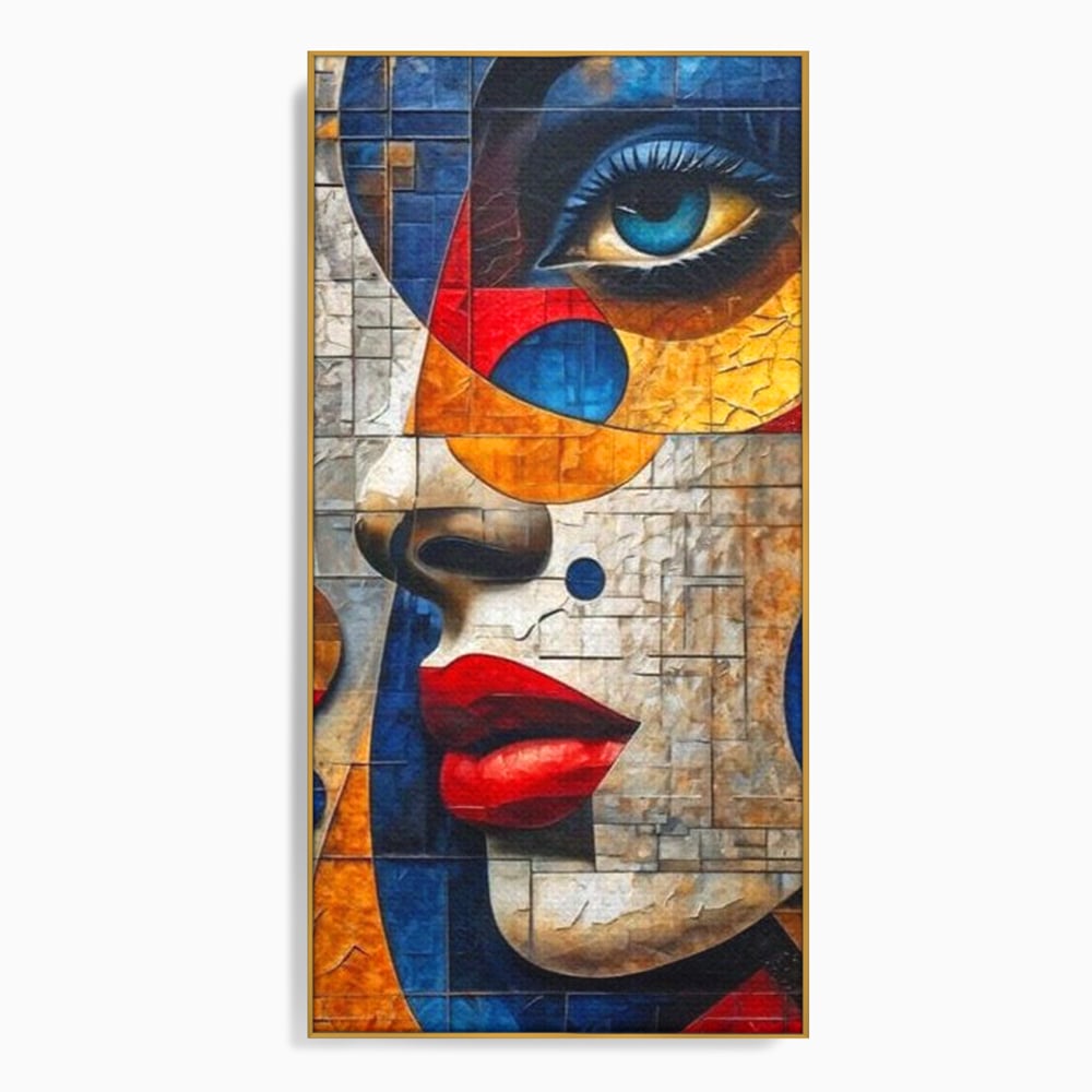 Tablou canvas cu tablou canvas cu portret abstract in stil mozaic, in rama de aluminiu auriu